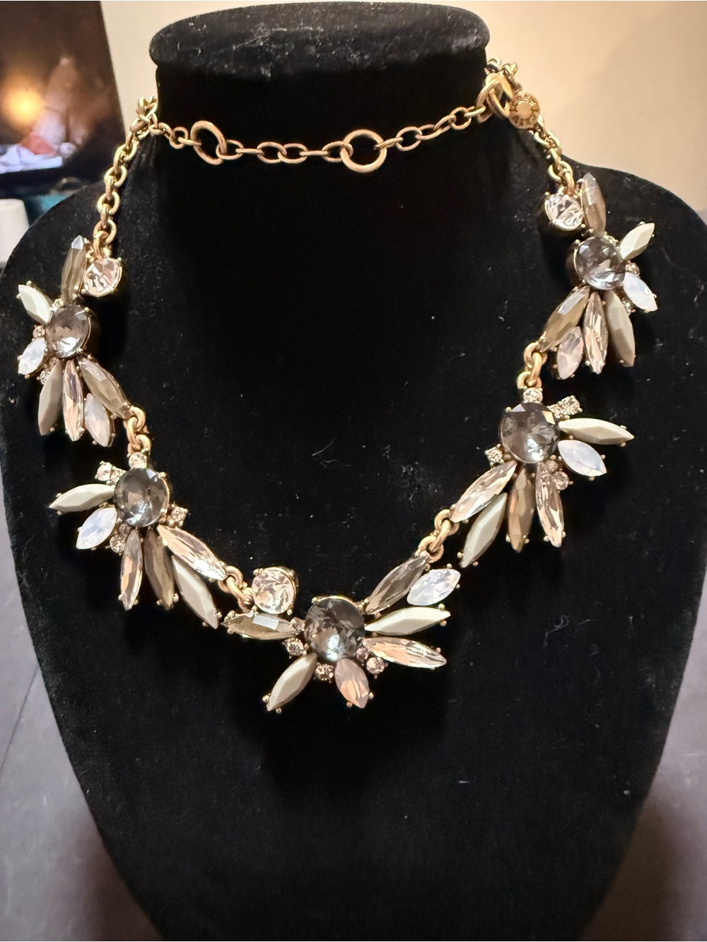 Gold Floral Crystal Statement Necklace in White/Cream